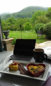 Enjoying heart-shaped grits and quiche on the front porch of the Mountain Magnolia Inn in Hot Springs, NC.  Go there!