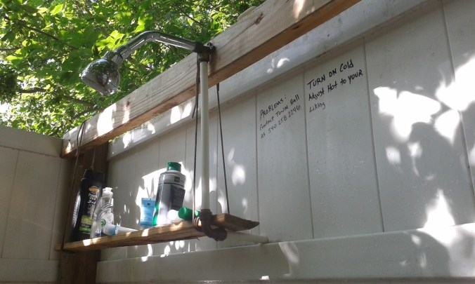 The Glasgow, VA shower facility, located outside, in the middle of town. I checked overhead for tree forts that may have afforded some type of show.