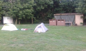 Our Glasgow town digs. Shower, garbage bins and shelter in background.